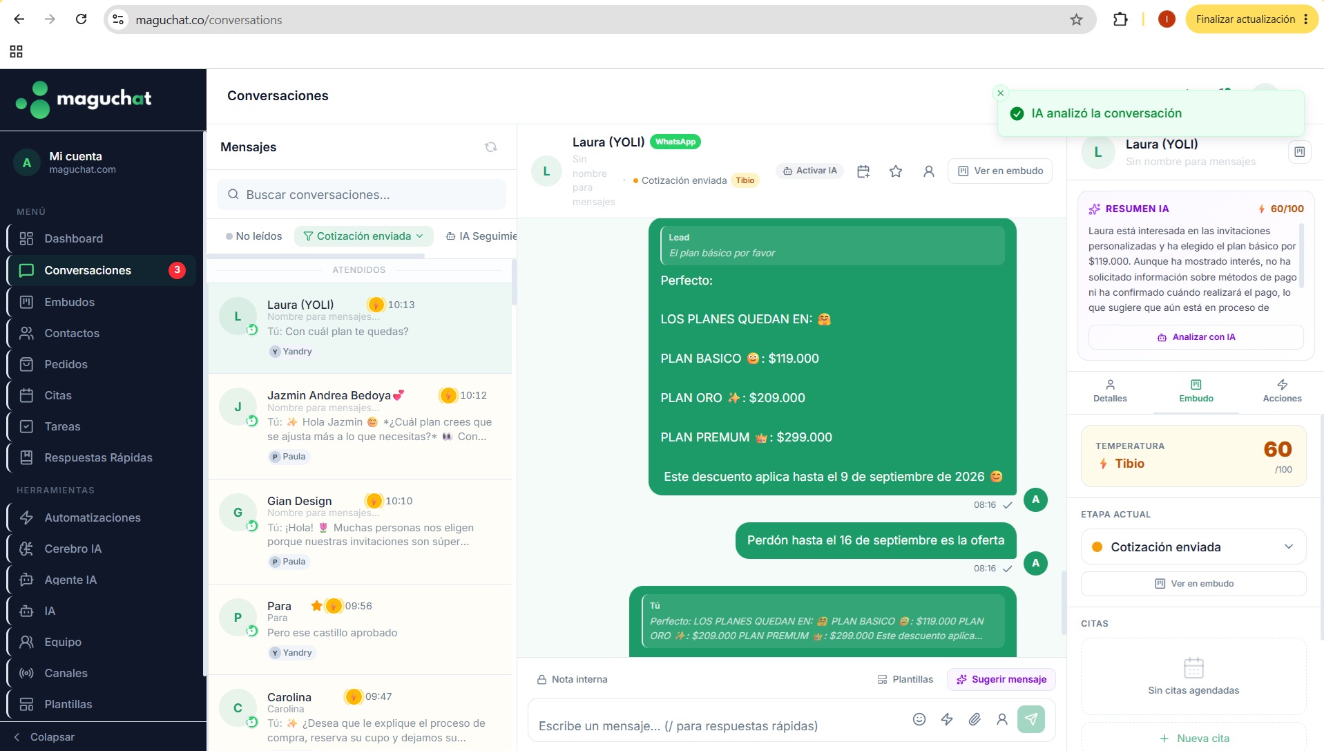 Bandeja de conversaciones de Maguchat, con el chat y el resumen de IA