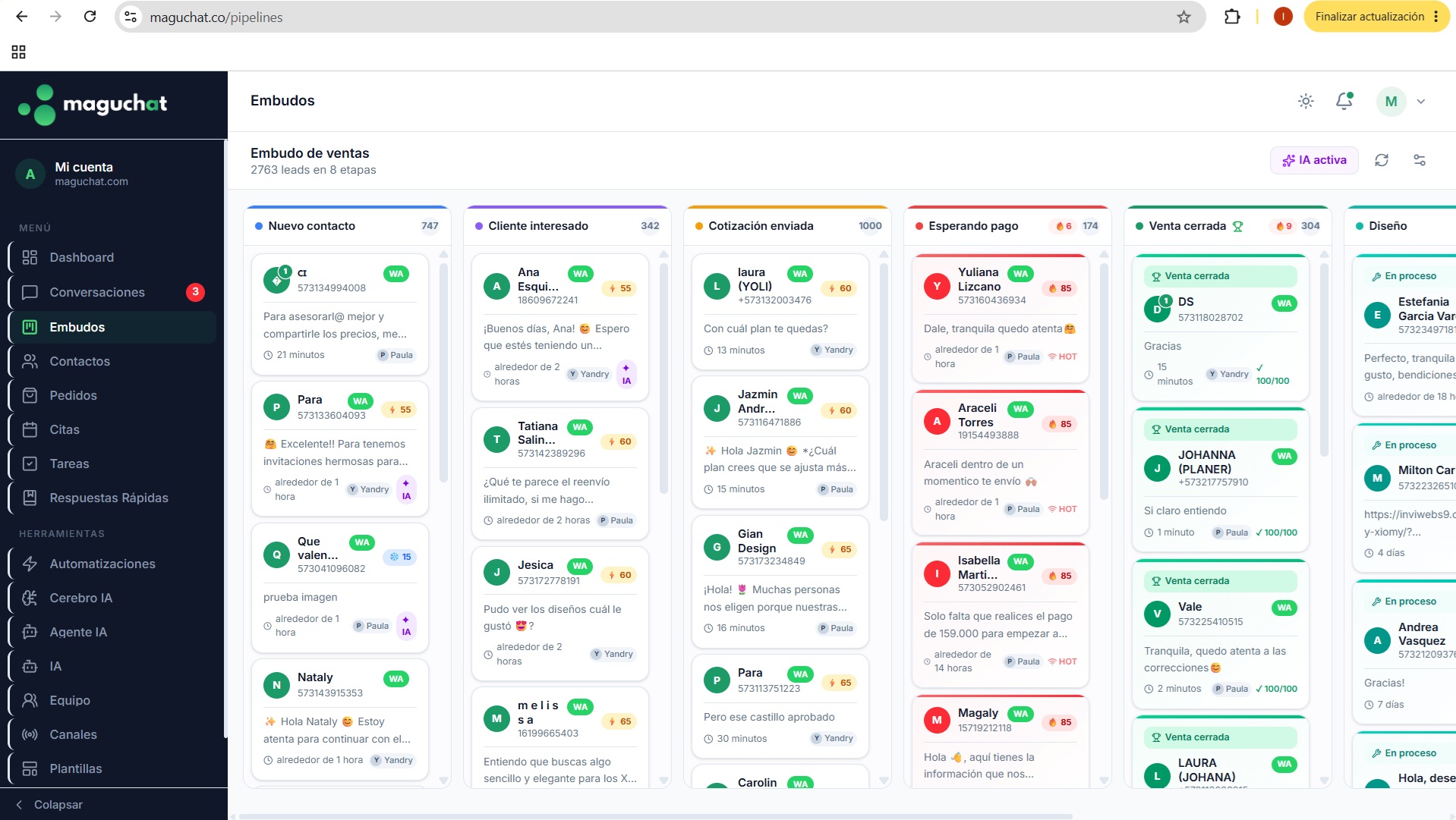 Embudo de ventas de Maguchat con los leads organizados por etapa de compra