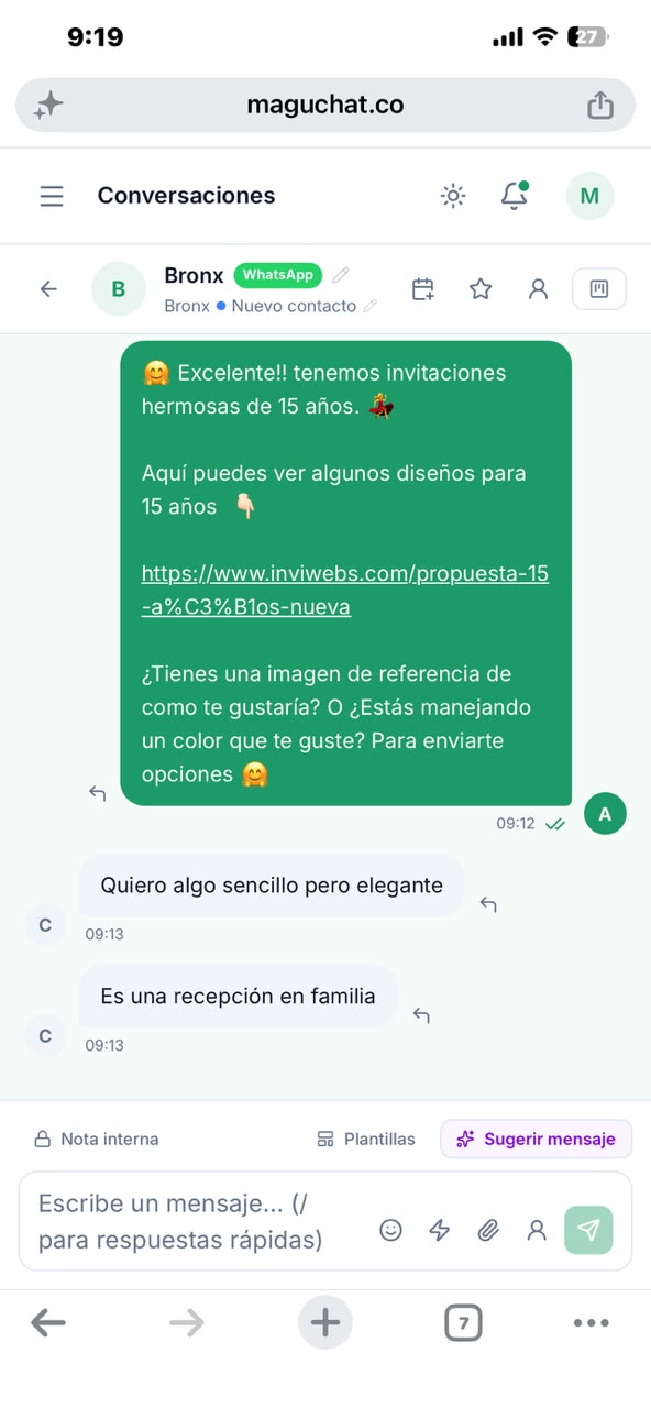 Conversación de WhatsApp gestionada desde Maguchat en el celular