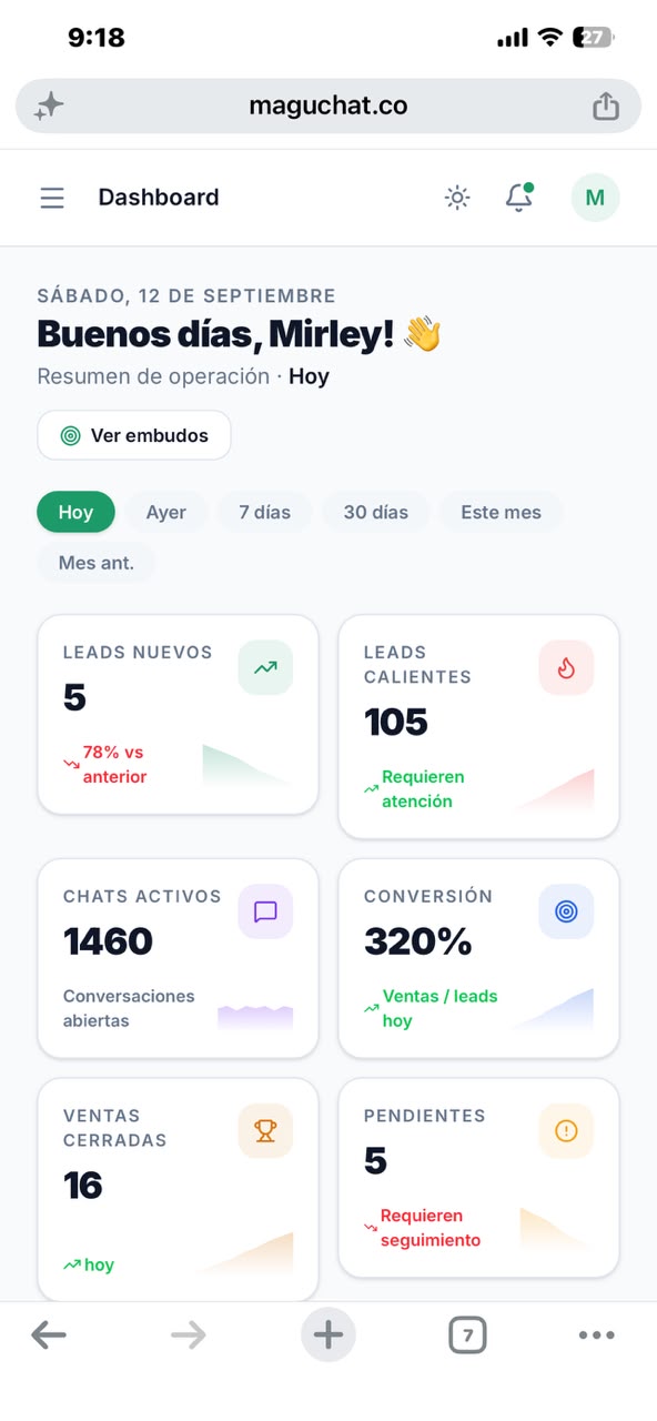 Dashboard de Maguchat en el celular